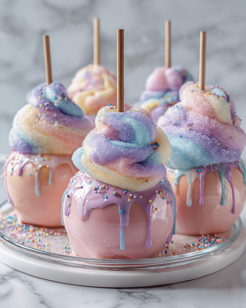 The image shows several candy apples with a shiny light pink coating. Each apple is covered on top with a thick, fluffy swirl of sugar crystals in pastel colors, mostly pink, yellow, blue, and purple, that look soft and fuzzy. The sugar swirls have small colorful sprinkles scattered across them, adding tiny dots of yellow, blue, purple, and white. Some light pink and blue syrup drips slowly down the sides of the apples. The apples are on a clear glass plate set on a white marbled surface. One apple in front has a wooden stick stuck in the top center. Photo taken with an iphone --ar 4:5 --v 7