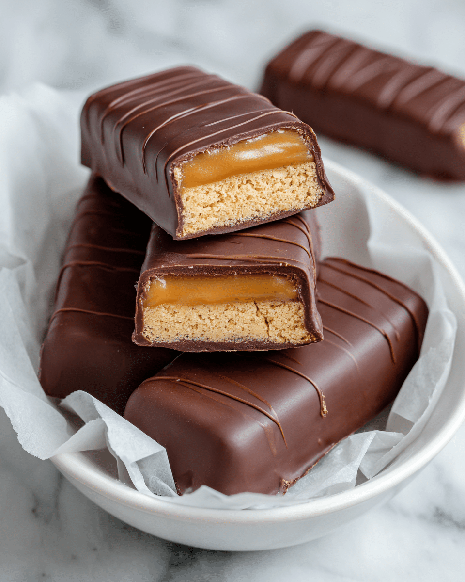 The image shows a stack of chocolate bars covered in smooth milk chocolate with thin darker chocolate lines on top for decoration. The bars are rectangular and have two visible layers inside: a top glossy, golden caramel layer that looks soft and sticky, and a bottom light beige, crumbly biscuit layer. The chocolate coating around the edges is thick and slightly textured. Two bars are cut in half, revealing the inner layers clearly. The bars rest on white parchment paper inside a white bowl over a white marbled surface. photo taken with an iphone --ar 4:5 --v 7