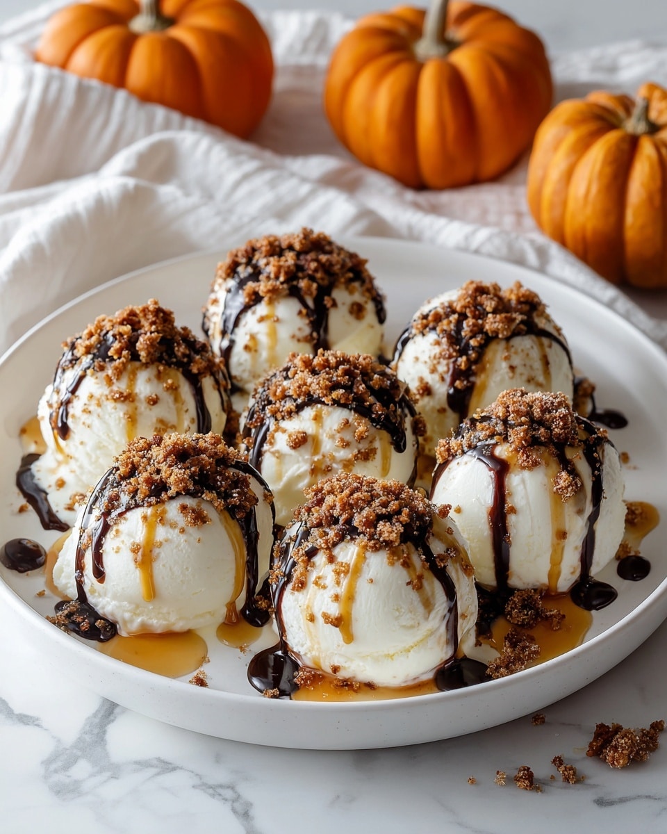 The image shows seven creamy white ice cream scoops on a white plate, each topped with crumbled brown bits and drizzled with dark chocolate sauce and golden caramel sauce. The scoops are arranged closely together with some caramel pooling on the plate. The background features warm orange pumpkins and a soft white cloth, set against a white marbled texture. photo taken with an iphone --ar 4:5 --v 7