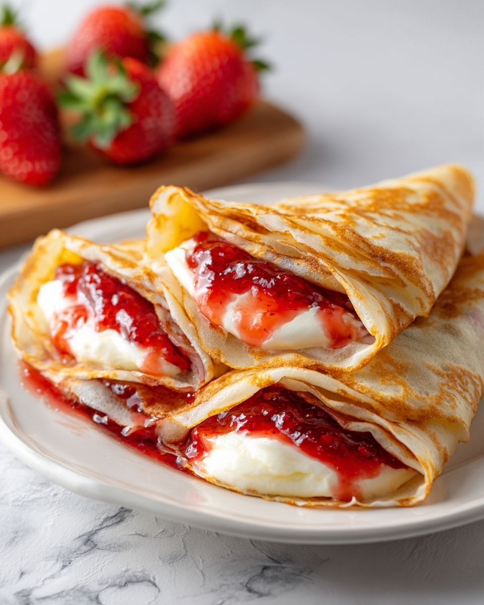 A close-up view of three golden-brown crepes folded with a thick filling inside, showing two layers: a bright red strawberry jam layer on top and a creamy white cheese layer beneath it, with some of the jam oozing out onto the white plate beneath. Fresh red strawberries with green leaves sit blurred in the background on a wooden board, all placed on a white marbled surface. photo taken with an iphone --ar 4:5 --v 7