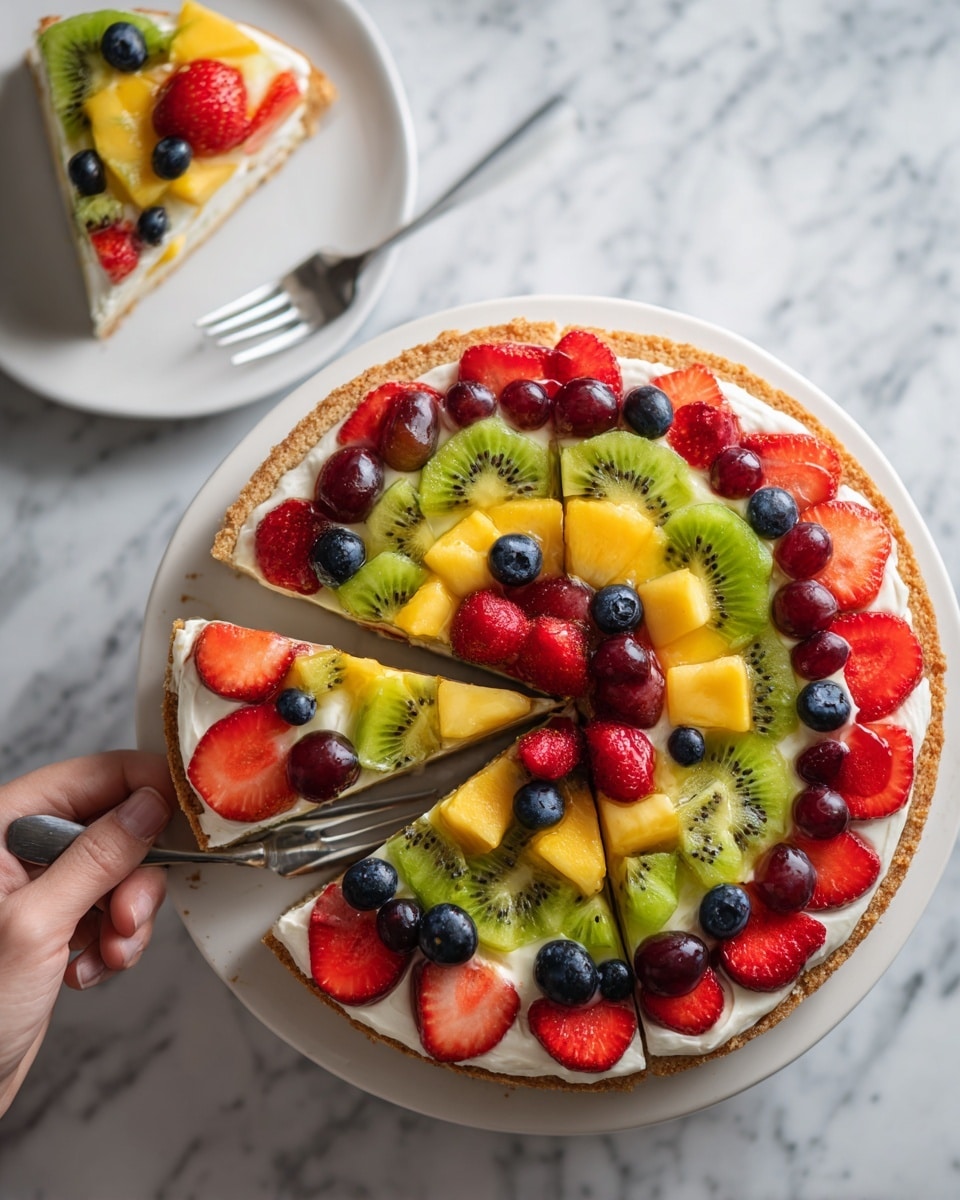 A round fruit pizza with three layers: the base is a light brown soft crust, topped with a thick white creamy layer, and covered with fresh fruit arranged in a colorful pattern. The outer layer has sliced red strawberries, followed inside by green kiwi slices. The next layer inside has yellow mango chunks, with scattered red grapes and dark blue blueberries across the top. The pizza is cut into slices, with one slice being lifted by a silver fork held by a woman's hand. In the background, a white plate with another slice sits on a white marbled surface. photo taken with an iphone --ar 4:5 --v 7