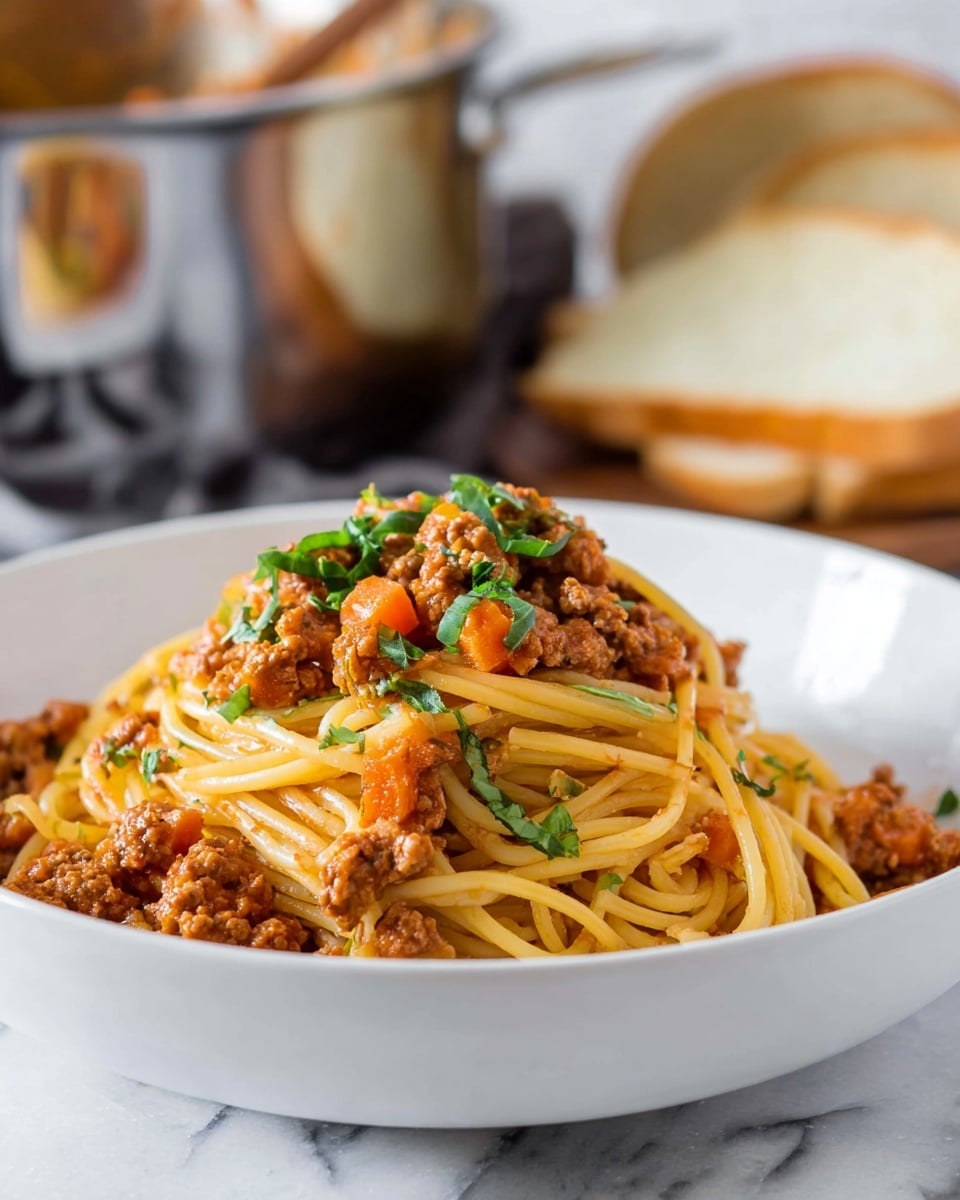 A white bowl holds a serving of spaghetti tossed with a light red meat sauce mixed with small chunks of browned ground meat and bits of carrots. The pasta is piled in a loose mound with strands weaving through the dish, topped with a sprinkle of fresh, chopped green basil leaves. The bowl sits on a white marbled texture surface, with a blurred large metal pot and slices of white bread in the background. Photo taken with an iphone --ar 4:5 --v 7