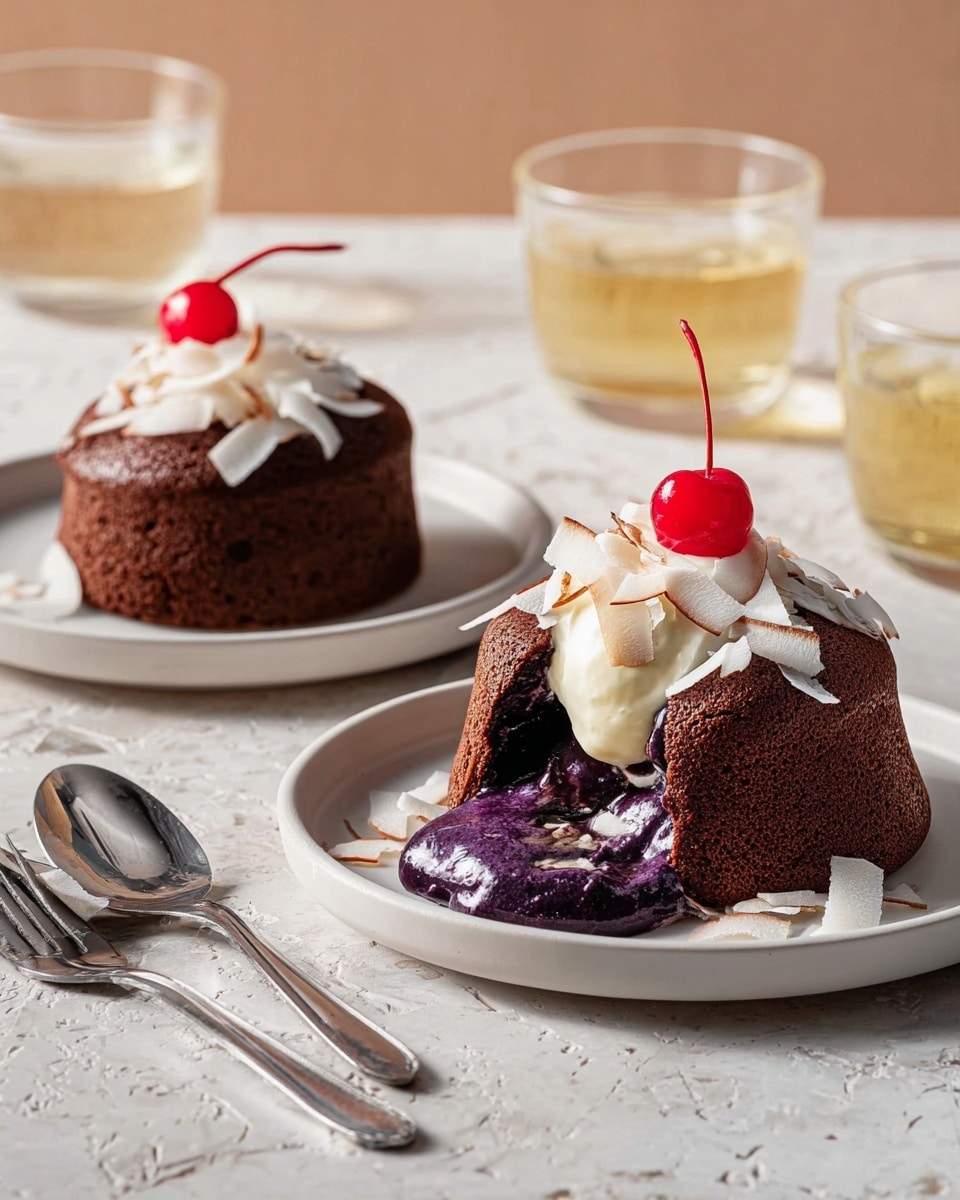 The image shows two small round chocolate cakes placed on white plates on a white marbled surface. Each cake has a dark, rich brown outer layer with a soft texture. The cake in the front is cut open, revealing a thick, smooth, purple filling that is flowing out with some white cream inside it. On top of both cakes, there is a generous swirl of white whipped cream, garnished with thin white coconut shreds and finished with a bright red cherry on top. Next to the plates, there are silver spoons, and in the background, clear glasses filled with a light yellow drink are visible. photo taken with an iphone --ar 4:5 --v 7