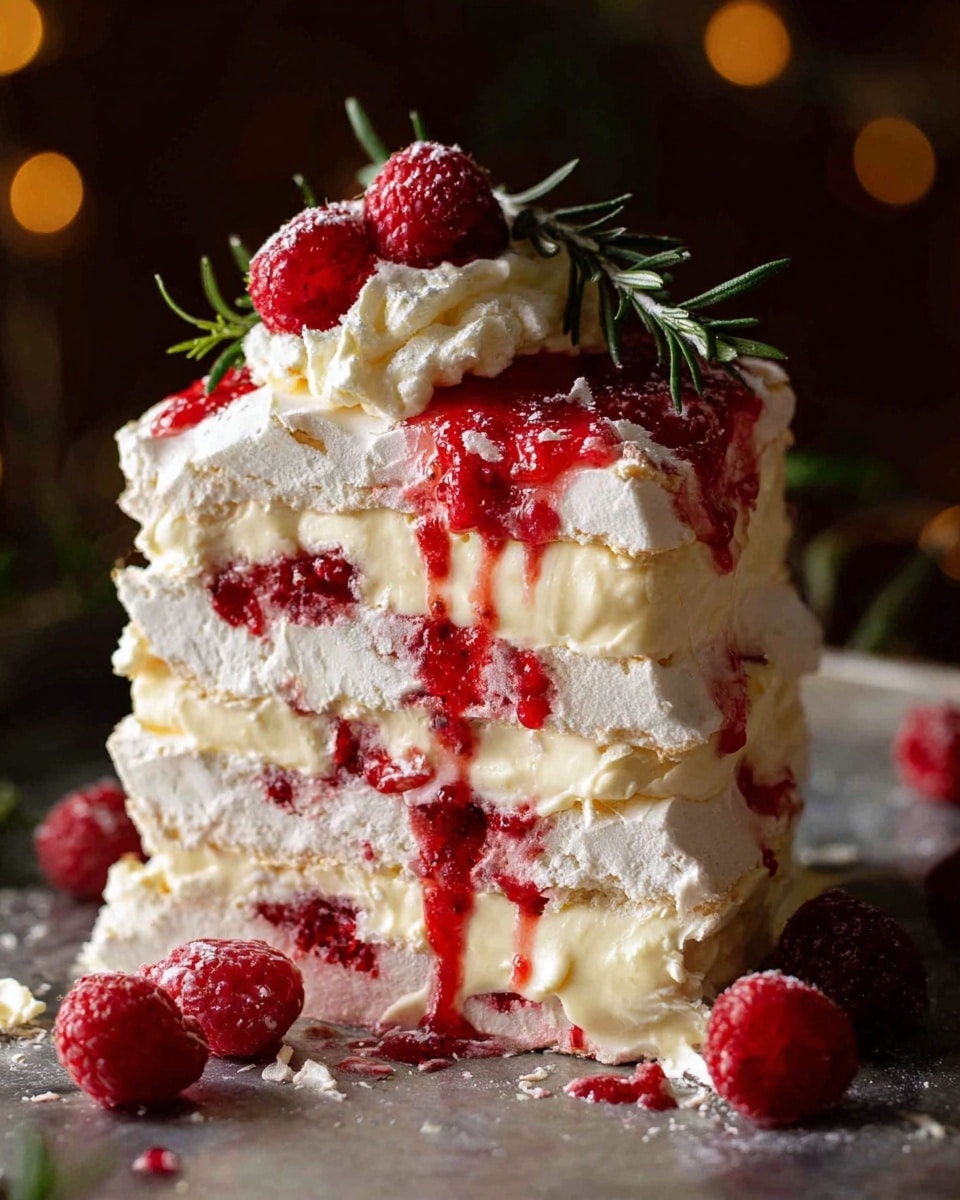 The image shows a tall, layered dessert with at least four thick white meringue layers stacked with creamy, pale yellow filling in between. Bright red raspberry sauce drips down the sides, with pieces of raspberries embedded inside the cream and scattered around the base. The top layer is decorated with more cream, a whole raspberry, and sprigs of green rosemary, adding color and texture contrast. The dessert sits on a metal surface with a few raspberries nearby, and the background is out of focus, creating a cozy and festive atmosphere. Photo taken with an iphone --ar 4:5 --v 7