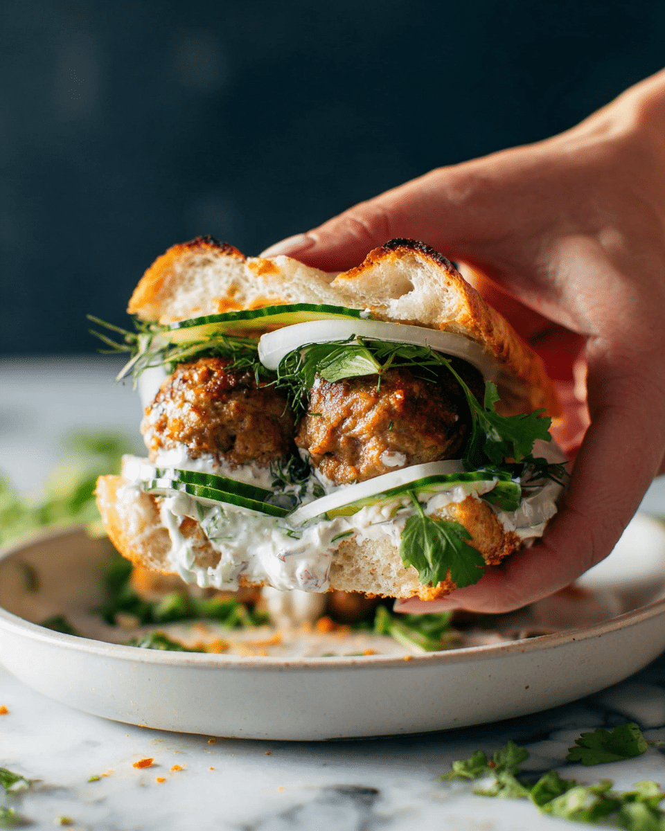 A close-up of a sandwich being held by a woman's hand above a white plate, showing two thick, golden-brown meatballs placed on the bottom layer of soft, lightly toasted bread. Below the meatballs, there are thin slices of cucumber and fresh green herbs, with some thin white onion rings lying between the meatballs and the bread on top. A generous layer of white sauce with a creamy texture is spread on the inside of the top bread, and the sandwich looks juicy and fresh. The background is a white marbled texture with scattered bits of herbs around the plate. Photo taken with an iphone --ar 4:5 --v 7