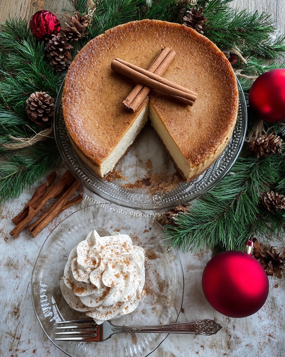 A round, light brown cheesecake with a smooth texture and golden edges sits on a clear glass plate in the center, with one large slice missing. The top of the cheesecake has two cinnamon sticks crossed in the middle. Surrounding the cheesecake are green pine branches, brown pinecones, and shiny red Christmas ornaments, set on a white marbled texture. In the bottom left, a clear glass dessert plate holds the missing slice of cheesecake topped with a generous swirl of white whipped cream sprinkled with a light dusting of cinnamon. Nearby, a silver fork rests on the white marbled texture with two cinnamon sticks crossed beneath it. photo taken with an iphone --ar 4:5 --v 7