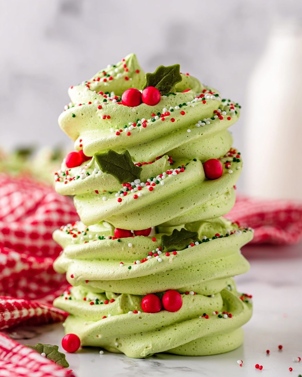 A tall stack of four green meringue rings is shown, each ring having a wavy, ridged texture with a light frothy look and decorated with small red, white, and dark green round sprinkles. Between the top two layers and the bottom two layers, small dark green holly leaf-shaped meringue pieces and bright red meringue berries are placed as accents. The green meringue has a slightly rough surface, and the whole stack stands against a white marbled background with a blurry white container and a red-checkered cloth in the back. Photo taken with an iphone --ar 4:5 --v 7