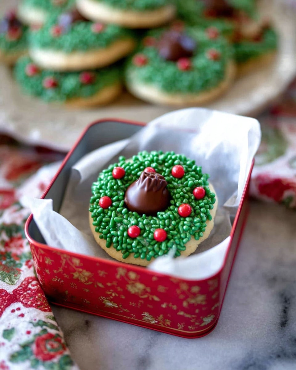 A close-up view of a small round cookie decorated like a Christmas wreath, placed inside a square festive red tin lined with white parchment paper; the cookie has a cream-colored base, topped with a thick layer of green sprinkles arranged in a ring shape to resemble leaves, dotted with small round red sprinkles as berries, and crowned with a single brown chocolate kiss in the center. In the blurry background, more matching wreath cookies are stacked on a white plate on a white marbled surface. Photo taken with an iphone --ar 4:5 --v 7