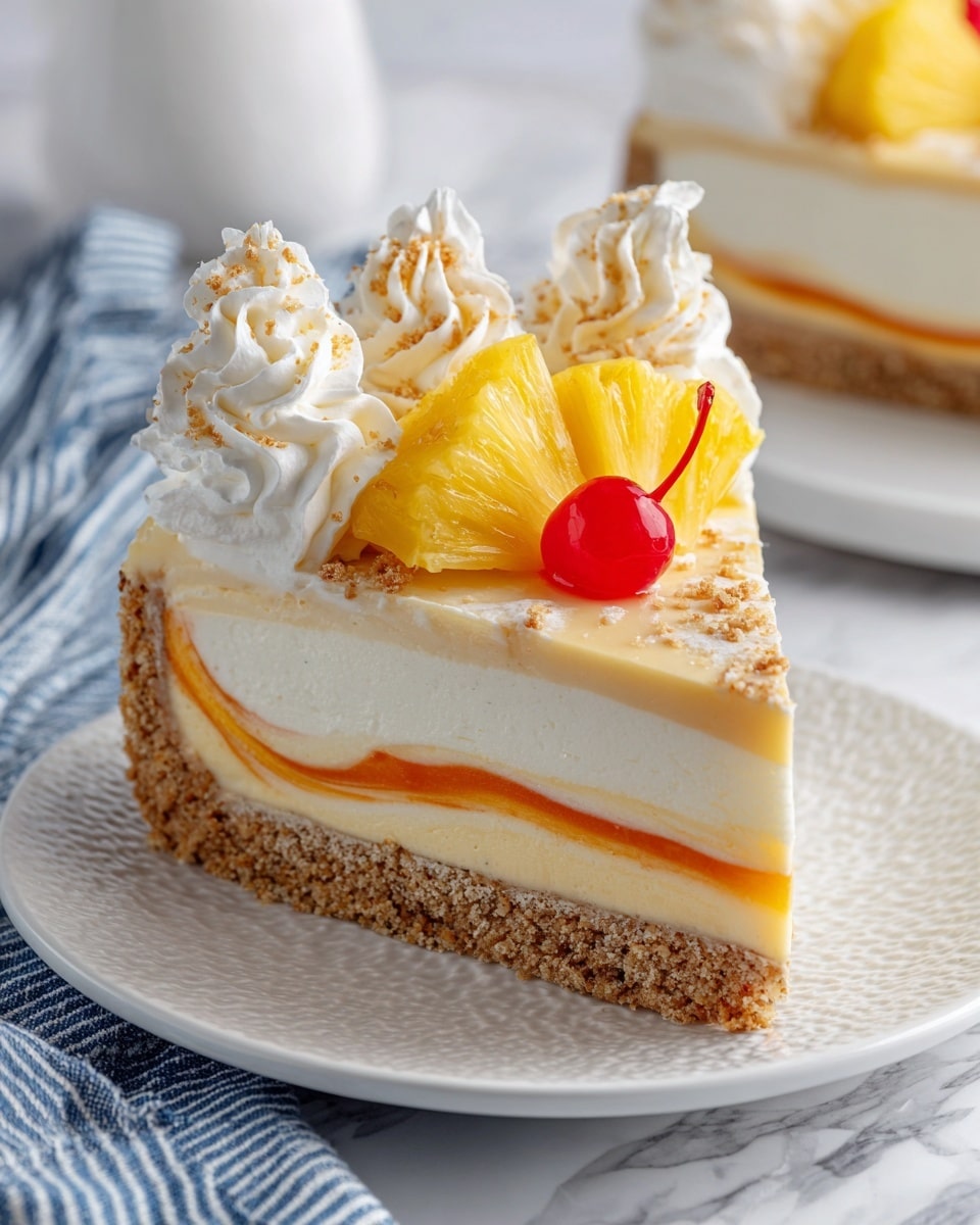 A slice of layered cheesecake on a white plate with gray stripes, the bottom layer is a light brown crumbly crust, followed by a thick off-white creamy cheesecake layer mixed with a pale yellow layer in the middle. On top, there is a glossy orange fruit topping with some light brown crumb topping sprinkled over it. The slice is decorated with two swirls of white whipped cream, one topped with a bright red cherry. Next to the cheesecake slice are two orange slices showing the juicy texture. The background features a white marbled texture and blurred blue flowers. Photo taken with an iphone --ar 4:5 --v 7