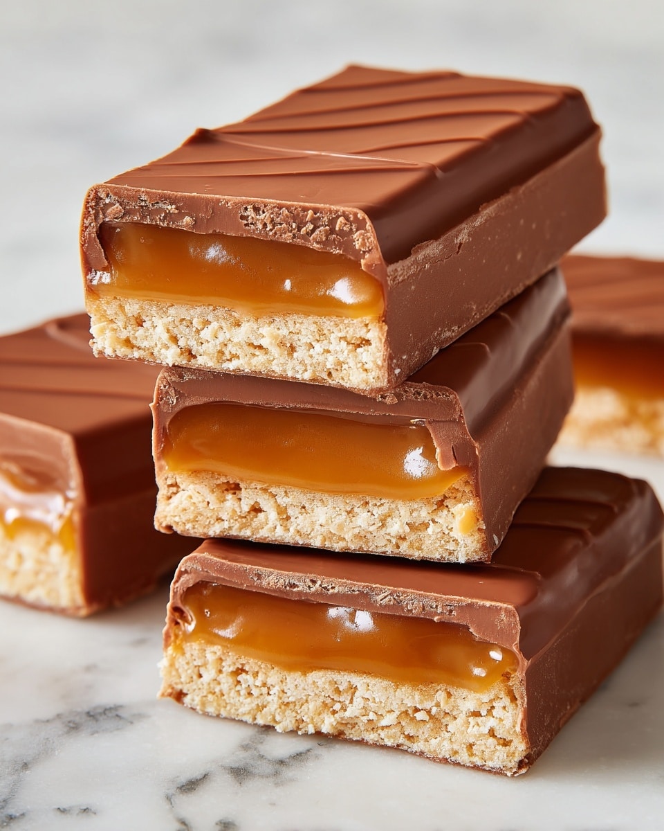 A close-up image of several chocolate bars stacked on top of each other, with two bars cut in half to show their inside. Each bar has three layers: the top and outer layer is a smooth, milk chocolate coating with a slightly glossy texture and some subtle ridges. Beneath that is a thick, golden caramel layer that looks soft and gooey with a shiny, sticky surface. The bottom layer is a light beige, crumbly biscuit base that appears dry and textured. The bars are resting on a white marbled surface. photo taken with an iphone --ar 4:5 --v 7
