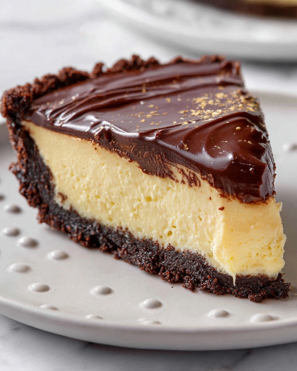 A slice of pie with three visible layers sitting on a white plate with small decorative bumps near the edge, placed on a white marbled surface. The bottom layer is a thin, dark brown crust with a crumbly texture, topped by a thick, creamy pale yellow filling that looks smooth and soft. The top layer is a glossy, dark chocolate ganache with slight ripples, covering the entire slice and slightly dripping over the edge. Photo taken with an iphone --ar 4:5 --v 7