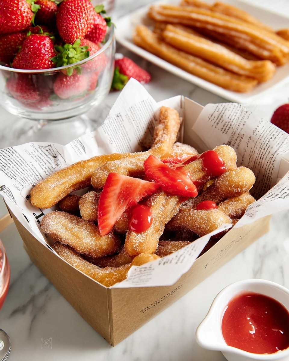 The image shows a brown takeout box lined with printed paper, filled with golden-brown fried churros shaped like thick sticks and small balls, dusted lightly with powdered sugar. On top, there are several sliced red strawberries and dollops of bright red strawberry sauce. In the background, there is a clear glass bowl filled with whole fresh strawberries, a white rectangular plate holding more churros, and a white sauce boat containing more red strawberry sauce. The whole setting is arranged on a white marbled surface. photo taken with an iphone --ar 4:5 --v 7
