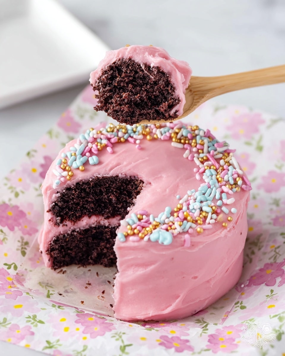 A small, round cake with two visible layers of dark brown chocolate cake separated and covered by thick, smooth pink frosting. The frosting covers the entire outer surface of the cake and has colorful sprinkles in pastel colors like light blue, white, pink, and gold arranged in a ring near the top edge. A bite is taken out from the side, showing both cake and frosting layers. Above the cake, a wooden spoon holds a piece of cake with pink frosting. The cake sits on white flower-patterned paper against a white marbled background with a white square plate in the back. Photo taken with an iphone --ar 4:5 --v 7