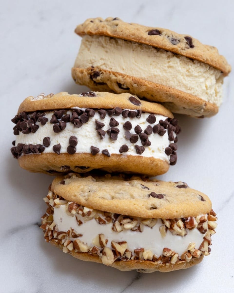 The image shows three cookie ice cream sandwiches on a white plate with white marbled texture background. Each sandwich has two light brown chocolate chip cookies as the top and bottom layers. The middle layer is ice cream, with one sandwich featuring vanilla ice cream rolled in mini dark chocolate chips, another with vanilla ice cream rolled in chopped nuts, and the third with plain vanilla ice cream visible between the cookies. The texture of the cookies looks soft and slightly chewy, while the ice cream is creamy and smooth. Photo taken with an iphone --ar 4:5 --v 7