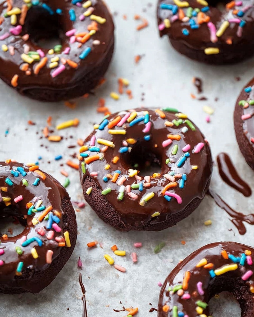 The image shows several chocolate donuts with a thick, shiny layer of chocolate glaze on top, each donut sprinkled with colorful round and stick-shaped sprinkles in bright colors like yellow, blue, pink, orange, green, and white. The donuts have a dark brown base with a smooth, slightly glossy chocolate layer, sitting directly on a white marbled textured surface, which has some smudges and drips of chocolate around the donuts. The donuts are arranged casually across the surface, giving a fresh and homemade feel. photo taken with an iphone --ar 4:5 --v 7