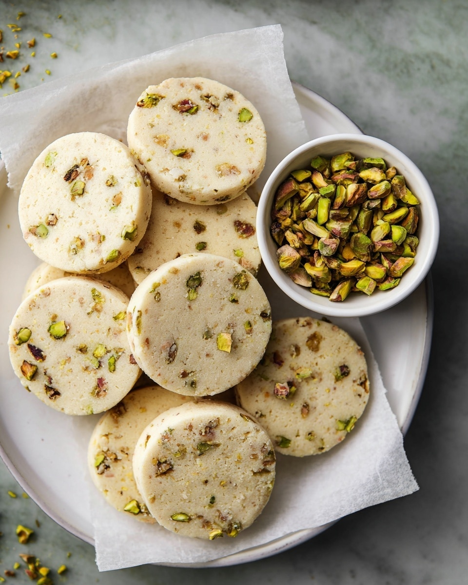 A white plate lined with white parchment paper holds about a dozen round shortbread cookies, each cookie pale with small pieces of green and brown pistachio nuts baked inside, creating a speckled effect. On the right side of the plate, a small white bowl filled with chopped pistachios sits among the cookies. The cookies have a smooth, slightly crumbly texture and are stacked unevenly, overlapping each other. The scene is set against a white marbled texture surface. Photo taken with an iphone --ar 4:5 --v 7