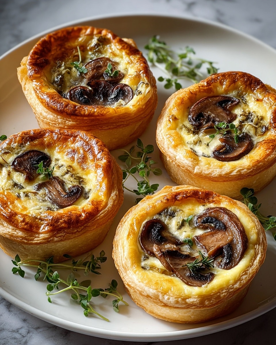Four small round mushroom quiches sit on a white plate over a white marbled table. Each quiche has two main layers: a thick, golden-brown puff pastry crust with flaky texture forming the base and edges, and a creamy, pale yellow egg filling topped with two to three dark brown cooked mushroom slices and small green herb sprigs scattered on top. The quiches are garnished with fresh green herb sprigs arranged around them on the plate. The lighting is warm, highlighting the crispy crust and glossy mushroom tops. photo taken with an iphone --ar 4:5 --v 7