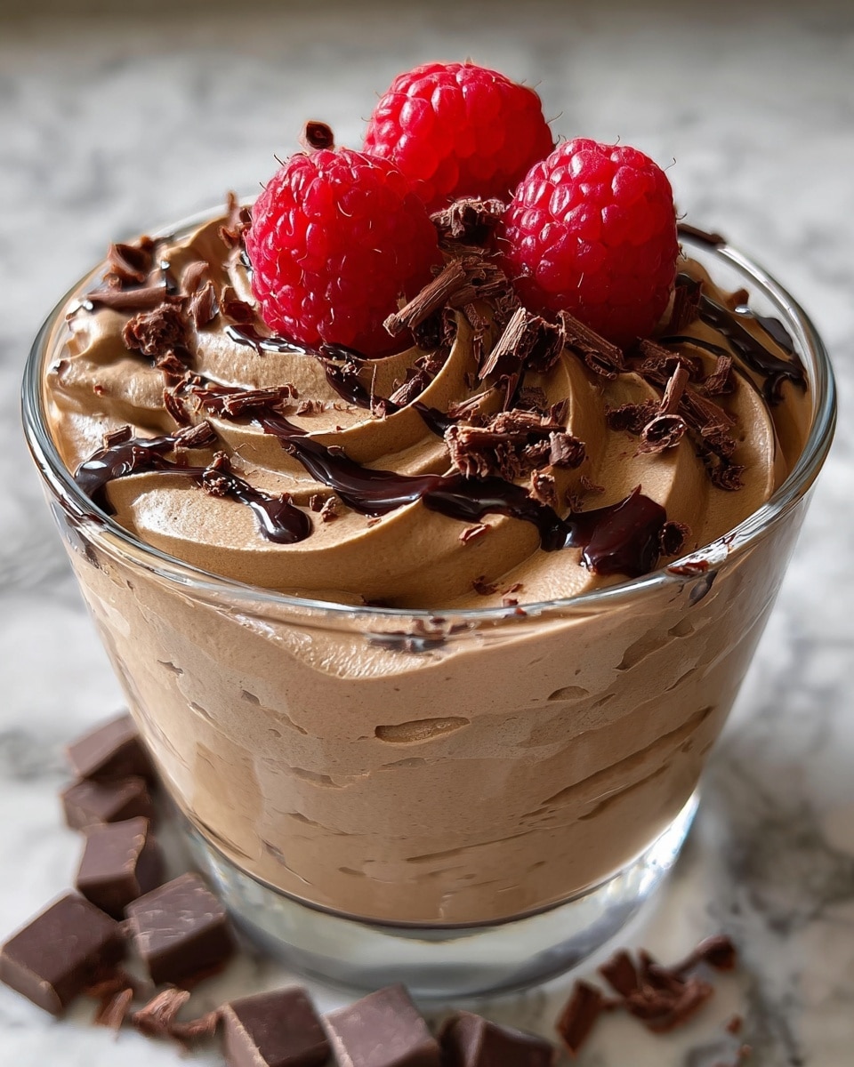The image shows a glass cup filled with three thick layers of light brown chocolate mousse, swirled with a creamy texture. On top, there are dark chocolate curls scattered around, with a drizzle of melted dark chocolate adding a glossy finish. Three fresh bright red raspberries sit neatly in the center on top of the mousse, adding a pop of color. The cup is placed on a white marbled surface, with a few stray chocolate pieces around the base. photo taken with an iphone --ar 4:5 --v 7