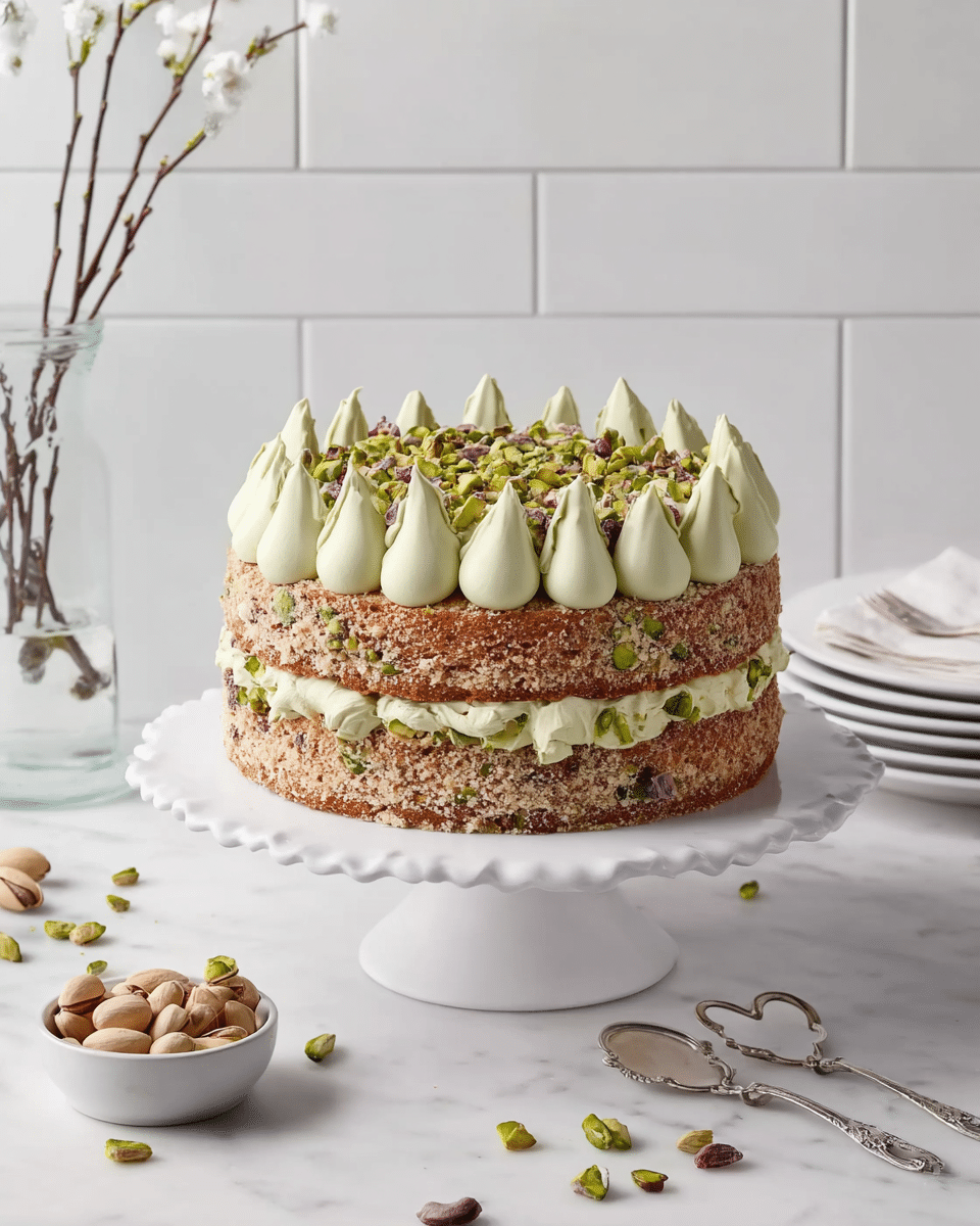 A two-layer cake sits on a white scalloped cake stand, with a rough textured light brown cake base that has visible green bits inside, likely pistachios. Between the two layers is a thick layer of pale green cream dollops, evenly spaced and smooth. The top layer is decorated with more pale green cream piped in large teardrop shapes, with coarser green and purple pistachio pieces sprinkled over the cream. Around the scene on a white marbled surface are scattered pistachio nuts in a small white bowl and some loose nuts, with two small silver heart-shaped spoons next to a stack of white plates. A simple clear glass vase with a few thin branches with small white flowers is in the background against a white tiled wall. photo taken with an iphone --ar 4:5 --v 7