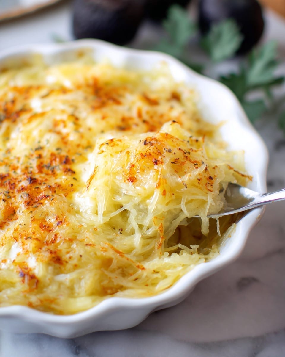 A close-up of a creamy baked dish in a white scalloped bowl, showing at least two layers: a soft, stringy layer of spaghetti squash strands in pale yellow at the bottom and a lightly browned, melted cheese layer in golden yellow with orange seasoning spots on top. A silver spoon is scooping into the dish from the right side, revealing the soft, stringy texture inside. The bowl is set on a white marbled surface, with blurred green leaves and dark objects in the background. Photo taken with an iphone --ar 4:5 --v 7