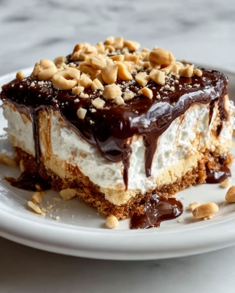A slice of layered dessert on a white plate placed on a white marbled surface. The bottom layer consists of a crumbly brown crust. Above that is a thick, fluffy white cream layer with a smooth texture. The dessert is topped with a glossy dark chocolate layer, drizzled with extra chocolate sauce that softly drips down the sides. Scattered on top are light beige peanut pieces adding a crunchy texture. Photo taken with an iphone --ar 4:5 --v 7