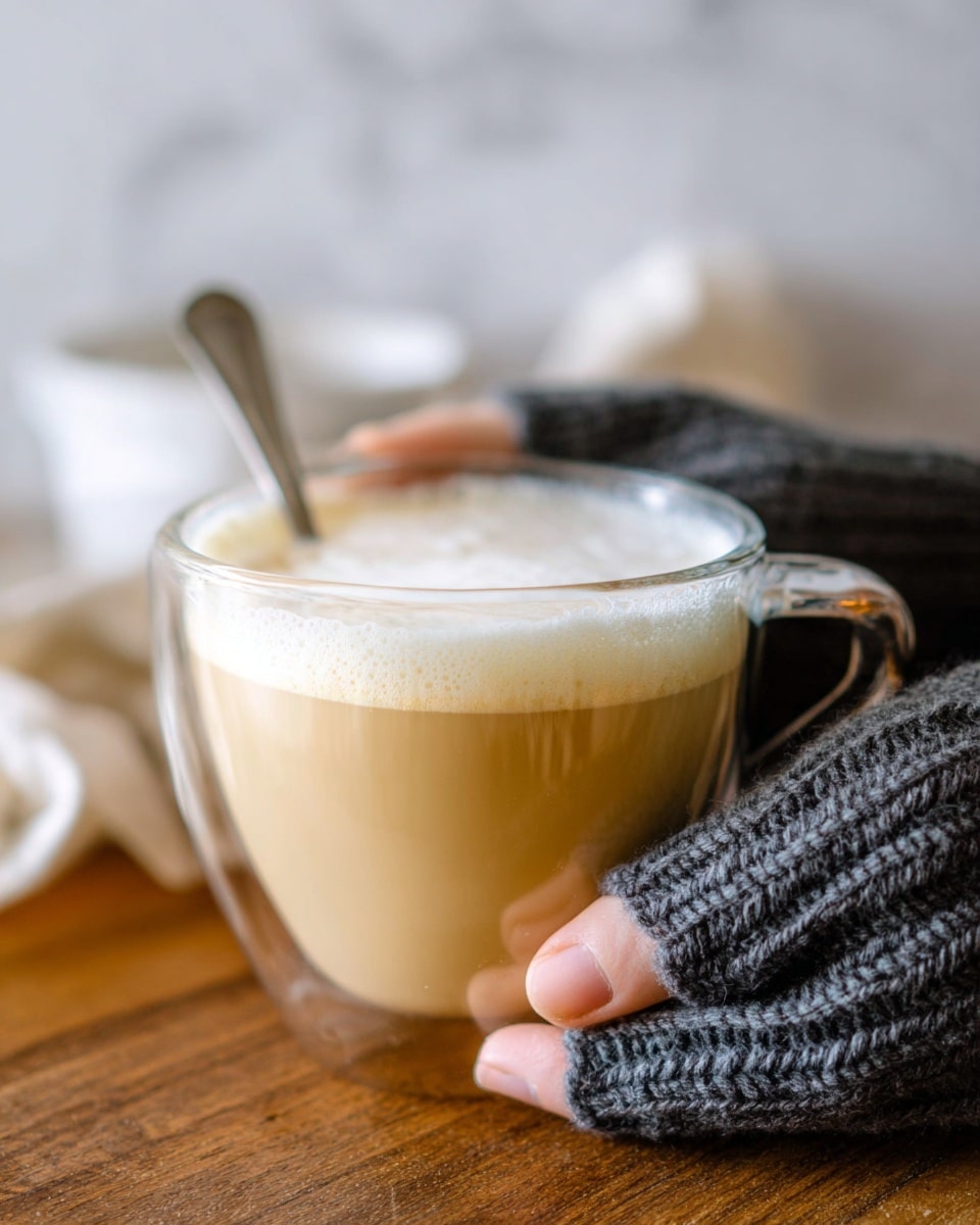 A close-up view of a clear glass mug filled with a creamy beige latte topped with a layer of light froth. The mug is gently held by a woman's hand wearing dark gray knit fingerless gloves, with the thumb resting on the side of the mug and the other fingers supporting the bottom. A spoon is held in the other woman's hand, slightly blurred in the background. The mug rests on a wooden surface with a white marbled texture background softly lit, creating a warm, cozy atmosphere. photo taken with an iphone --ar 4:5 --v 7