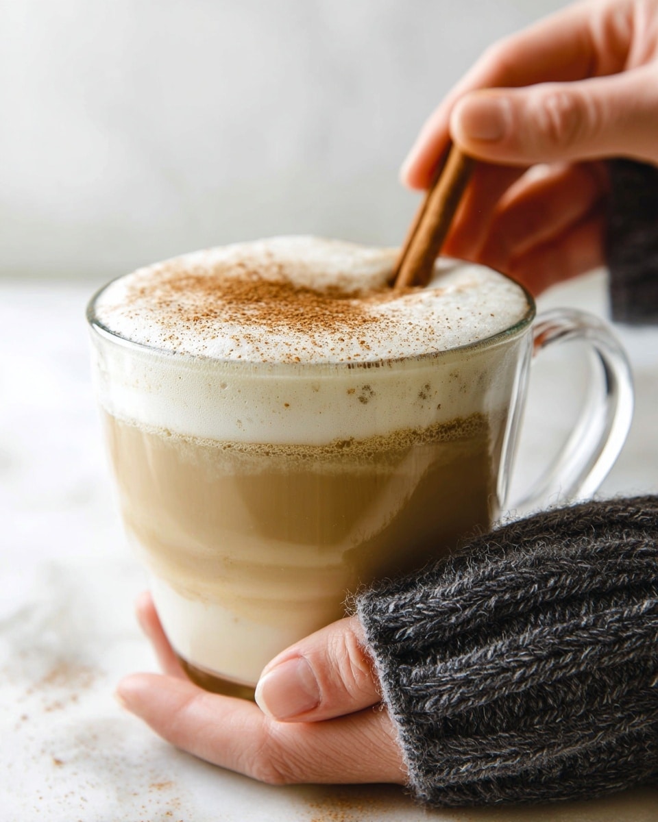 A clear glass cup filled with a light beige frothy latte showing three layers: the bottom layer is milky beige, the middle layer is a creamier beige, and the top layer is a thick white foam sprinkled with fine brown spice powder; a woman's hand wearing a dark gray knitted sleeve holds the cup from below while another woman's hand stirs the foam with a brown cinnamon stick; the background is a white marbled texture, creating a cozy and warm feeling. photo taken with an iphone --ar 4:5 --v 7