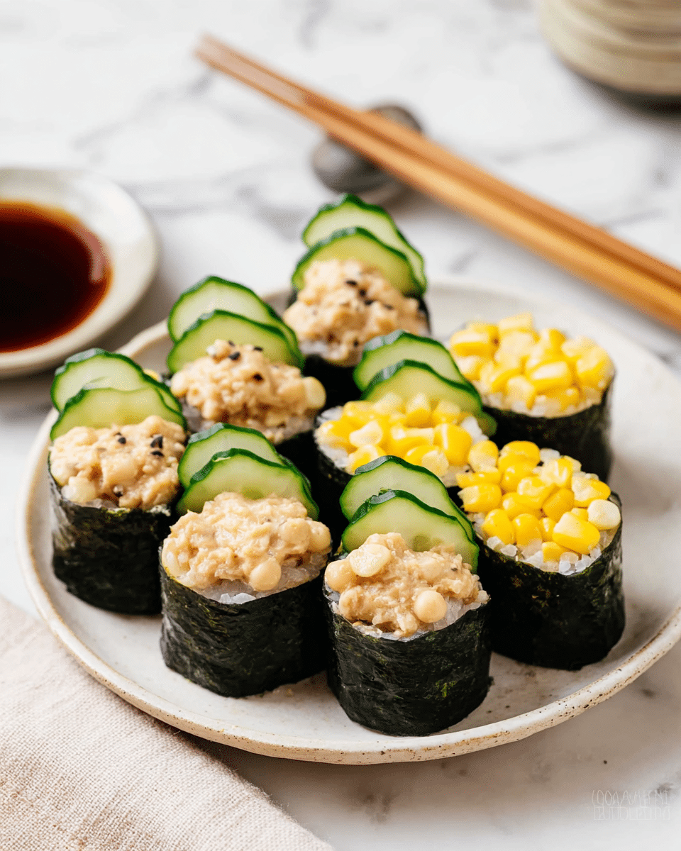 The image shows a white round plate holding eight pieces of sushi, arranged in two rows. Each sushi piece is wrapped in dark green seaweed. Four pieces have a creamy, beige topping with small textured beans on top, while the other four have a bright yellow sweet corn filling. Each sushi piece is garnished with two thin slices of fresh cucumber, partially inserted upright at the back of the filling. The plate sits on a white marbled surface with chopsticks and a small dish of dark soy sauce nearby. Photo taken with an iphone --ar 4:5 --v 7