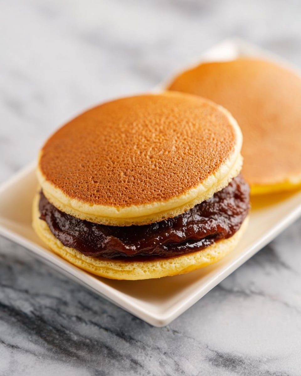 The image shows a close-up of a dorayaki dessert on a small white rectangular plate placed on a white marbled surface. The dorayaki has two soft, round, golden-brown pancake layers. The bottom pancake is topped with a thick, dark reddish-brown sweet paste that looks smooth but slightly textured. The top pancake is placed slightly off-center, revealing the filling inside. Photo taken with an iphone --ar 4:5 --v 7