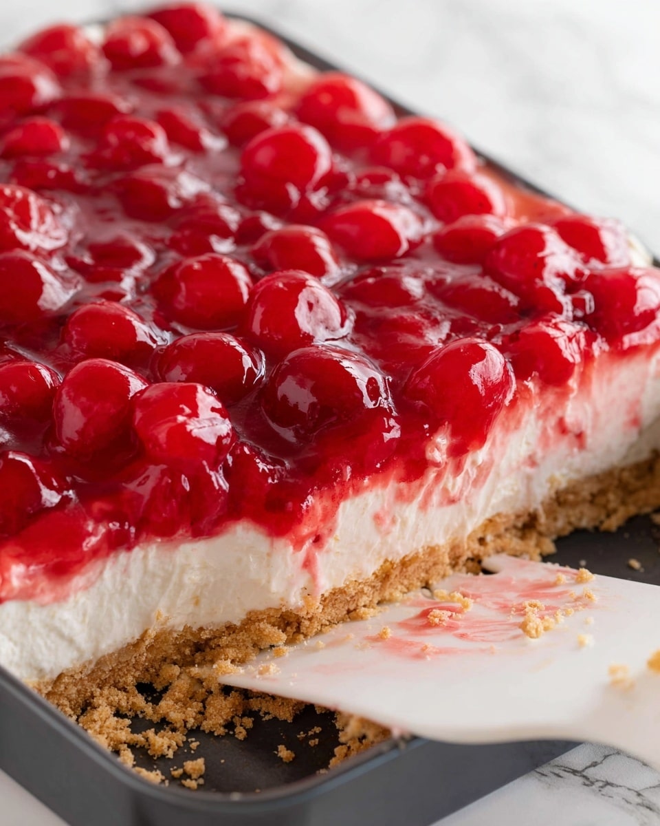 A close-up view of a dessert in a dark square pan showing three clear layers: the bottom layer is a crumbly, light brown crust; the middle layer is a thick, smooth and creamy white filling; the top layer is glossy and bright red with whole cherries covered in a shiny glaze. A white plastic spatula with some dessert crumbs rests inside the pan next to the cut section. The background is a white marbled texture. photo taken with an iphone --ar 4:5 --v 7