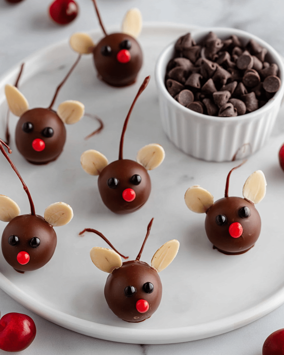 The image shows a white plate with several small treats shaped like mice made from cherries covered in smooth milk chocolate. Each treat has a round cherry body with a pointed chocolate face that includes two small black eyes and a red candy nose. Two thin almond slices are placed on the head like ears. The long cherry stems stick out from the back, resembling tails. One white bowl filled with dark chocolate chips holds two of the chocolate mice inside. The plate and bowl are set on a white marbled surface, creating a clean and bright backdrop. photo taken with an iphone --ar 4:5 --v 7