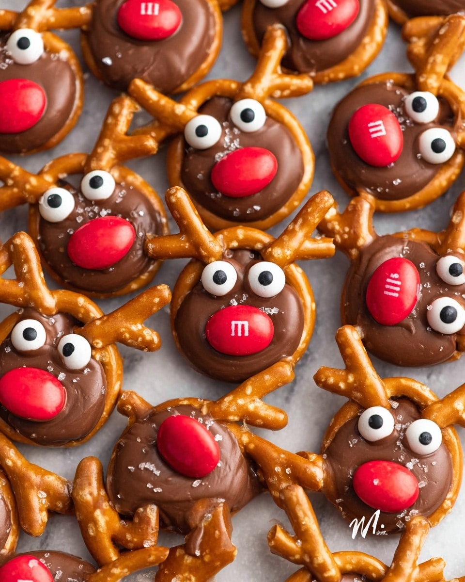 The image shows a close-up of many small reindeer treats made with three main parts: the base is a shiny, orange-brown pretzel shaped like a small circle with two loops on top resembling antlers; the middle layer is a smooth, round dollop of brown chocolate covering the bottom part of the pretzel; on top of the chocolate, there are two small white candy eyes with black dots in the center placed near the top edges and a bright red candy resembling an M&M placed at the center to look like a red nose. All treats are tightly packed together on a white marbled surface, showing their shiny textures and salt crystals on the pretzels. photo taken with an iphone --ar 4:5 --v 7