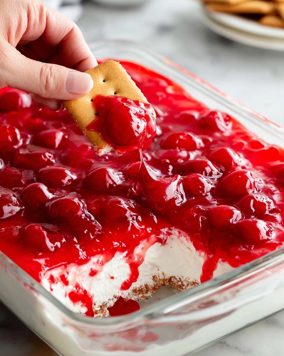 On a white plate with a white marbled texture background, there are three rectangular golden-brown graham crackers stacked slightly overlapping on the right side. To the left of the crackers, there is a bright red cherry topping with whole cherries in a glossy, thick syrup. Beneath the cherry topping, a layer of soft white cream cheese is partially visible, showing a smooth and creamy texture. A small portion of the cherry topping and cream cheese is also placed near the bottom edge of the plate. Photo taken with an iphone --ar 4:5 --v 7