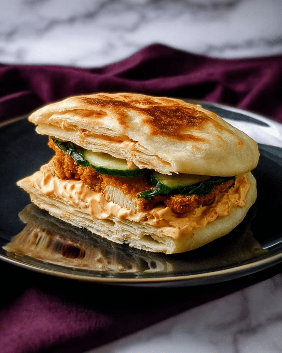 A sandwich with two golden-brown, crispy flatbread layers as the top and bottom, showing light and dark toasted spots with textured folds. Between the bread layers, there is a thick layer of creamy, light beige sauce covering a piece of crispy, reddish-brown fried filling. There is also a bright green vegetable piece peeking out from the sauce. The sandwich is placed on a glossy white plate with subtle patterning, set against a white marbled surface. Photo taken with an iphone --ar 4:5 --v 7