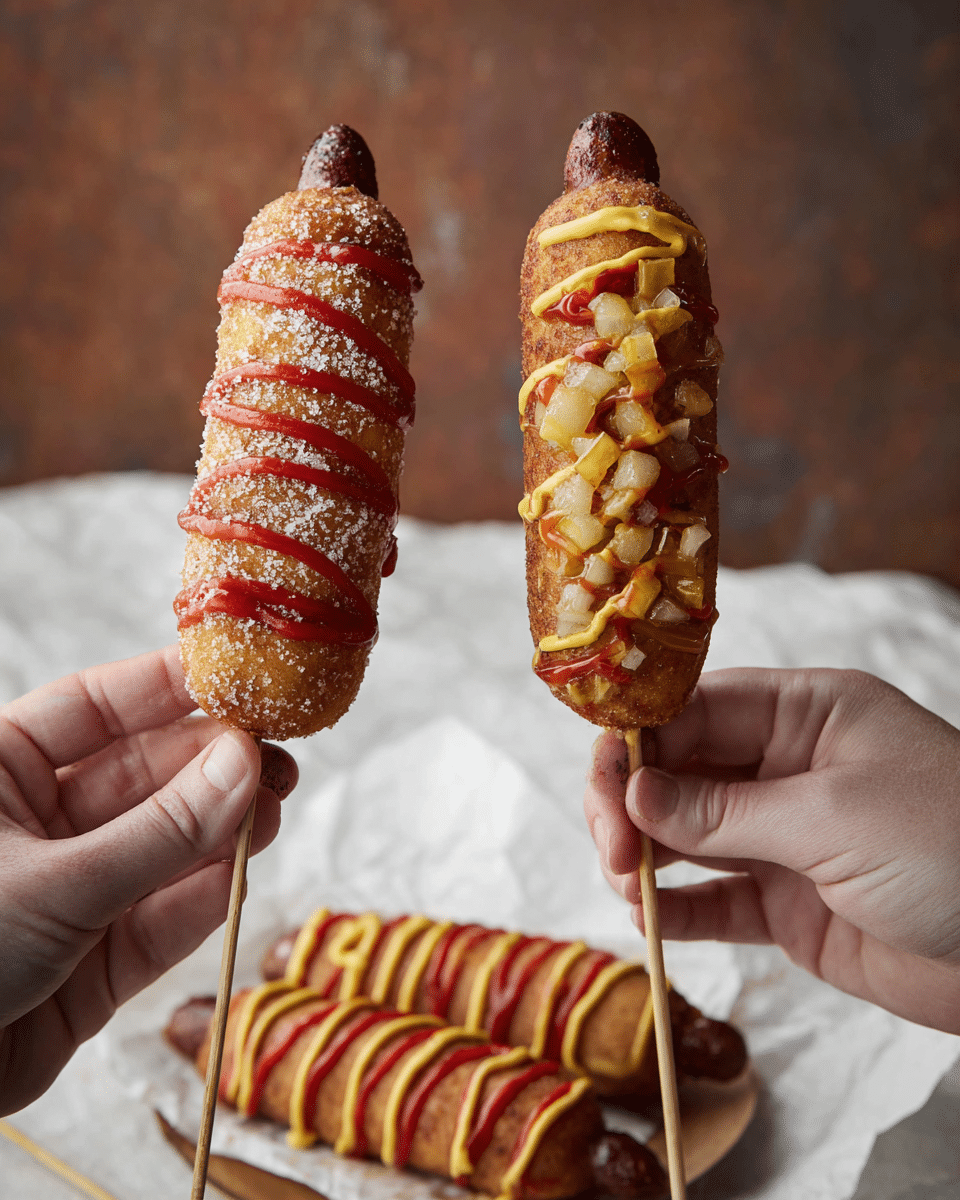 Two fried corn dogs held by two pairs of hands are shown against a brown wall and white marbled texture. The left corn dog has a golden-brown crispy coating with sugar sprinkled on top, drizzled with red ketchup and yellow mustard in zigzag lines, and has a dark brown exposed sausage end at the bottom. The right corn dog has a golden-brown coating mixed with diced light yellow onions, topped with zigzag drizzles of ketchup and mustard. In the background, a white plate with more corn dogs sits on white parchment paper. Photo taken with an iphone --ar 4:5 --v 7