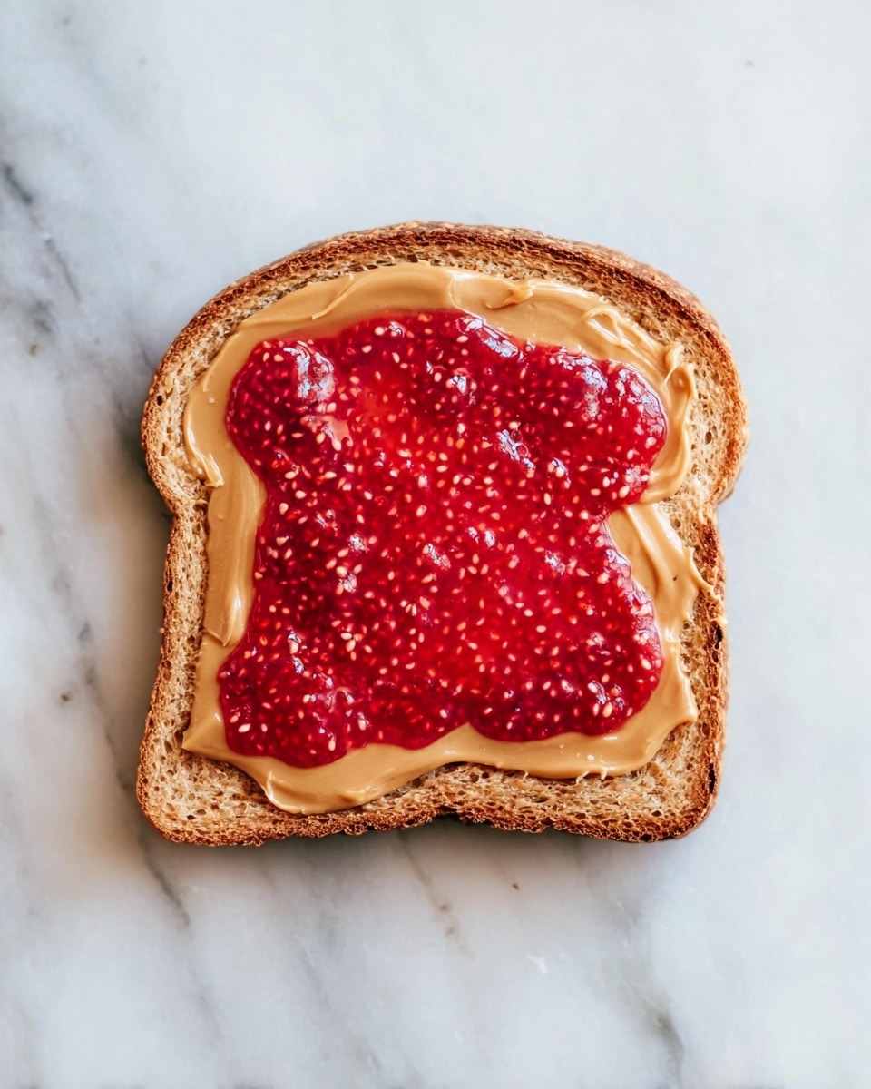A single slice of toasted whole grain bread sits on a white marbled surface, topped with two layers; the bottom layer is smooth, light brown peanut butter evenly spread across the bread, and the top layer is bright red, textured strawberry jam with visible seeds, centered mostly in the middle and slightly uneven at the edges. Photo taken with an iphone --ar 4:5 --v 7