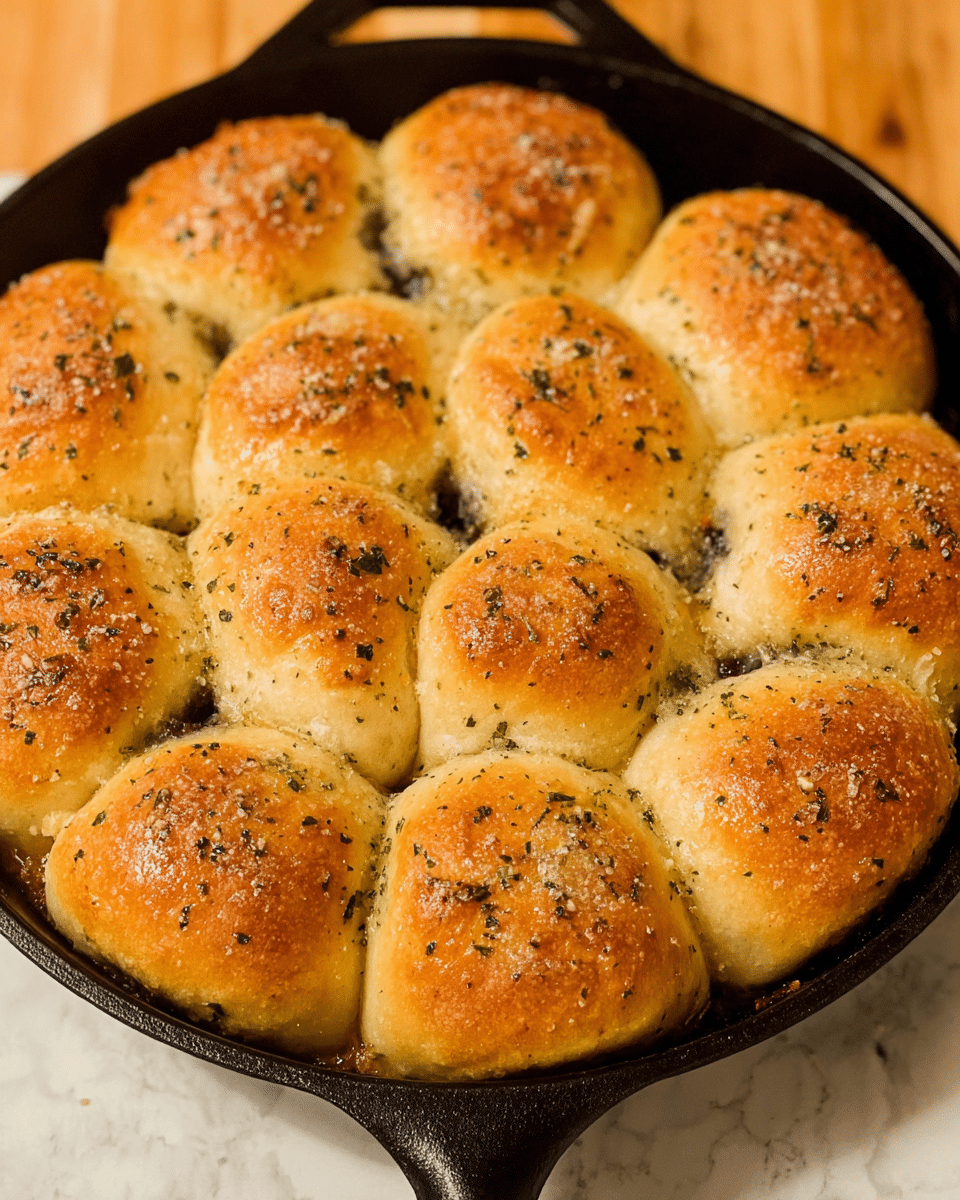 A round cast iron skillet filled with twelve golden brown, soft rolls baked closely together, each roll showing a slightly uneven, fluffy texture topped with sprinkled herbs and a light crust. The rolls have a warm, yellowish hue with some spots darker from baking, and some edges reveal a darker, filling-like texture peeking out beneath the dough. The skillet is placed on a white marbled surface with a subtle shine visible on the bread’s surface. photo taken with an iphone --ar 4:5 --v 7