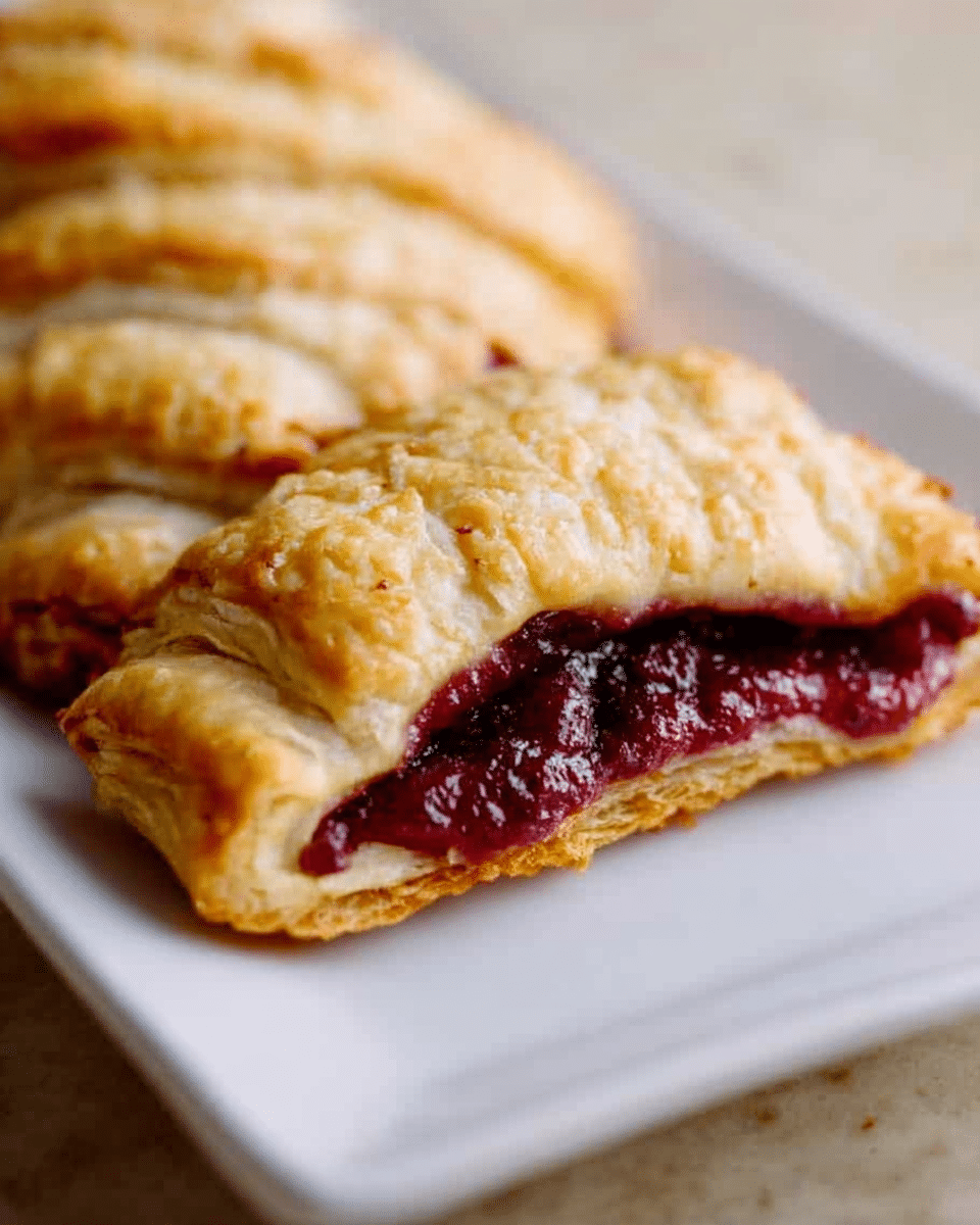 A close-up view of a folded pastry with a golden-brown crust that is slightly flaky and textured on top. The pastry is cut open at one end, revealing a thick, deep red filling inside that looks sticky and rich. The pastry rests on a simple white rectangular plate on a white marbled textured surface in the background. The edges of the pastry are crimped, showing gentle folds and a soft, slightly uneven shape. photo taken with an iphone --ar 4:5 --v 7