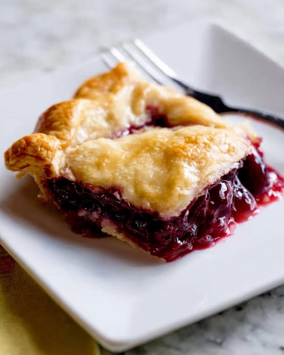 A square white plate holds a single slice of pie with two visible layers. The bottom layer is a thick, dark red berry filling with a glossy, juicy texture that slightly spills over the edge. The top layer is a golden-brown, flaky crust with a soft, slightly cracked surface that looks tender and baked to perfection. The plate sits on a white marbled texture, and a silver fork is placed diagonally behind the plate. photo taken with an iphone --ar 4:5 --v 7