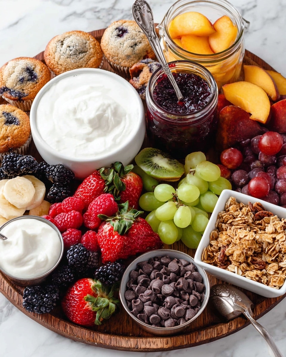 A wooden round tray holds a bright and colorful breakfast spread arranged in layers: the bottom layer is fresh fruits including whole red strawberries with green tops, dark blackberries, blueberries, green grapes, red grapes, sliced bananas, and raspberries. On top and around the fruits are small blueberry muffins with crumb toppings. A white bowl filled with smooth, creamy yogurt sits on the left side with a silver spoon resting inside a jar of dark red berry jam placed right behind it. Next to the jam jar is a jar of sliced yellow peaches. On the right side, a small square white dish is filled with crunchy granola mixed with dried berries. In the front, a small round metal bowl holds dark chocolate chips. The whole scene is set on a white marbled surface. photo taken with an iphone --ar 4:5 --v 7