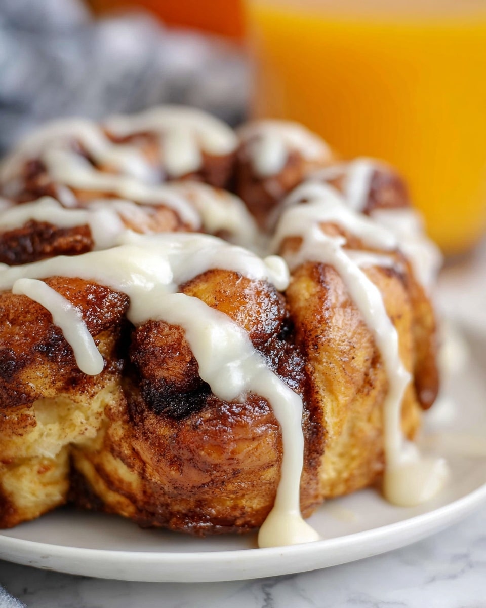 A close-up view of a cinnamon roll showing many soft, thick layers twisted together with dark brown cinnamon filling visible between them. The golden brown dough looks moist and slightly shiny. Thick white cream cheese icing is drizzled in wide, uneven lines over the top, contrasting with the warm tones of the roll. The roll is on a white plate with a white marbled textured surface underneath, and an out-of-focus orange drink is in the background. photo taken with an iphone --ar 4:5 --v 7