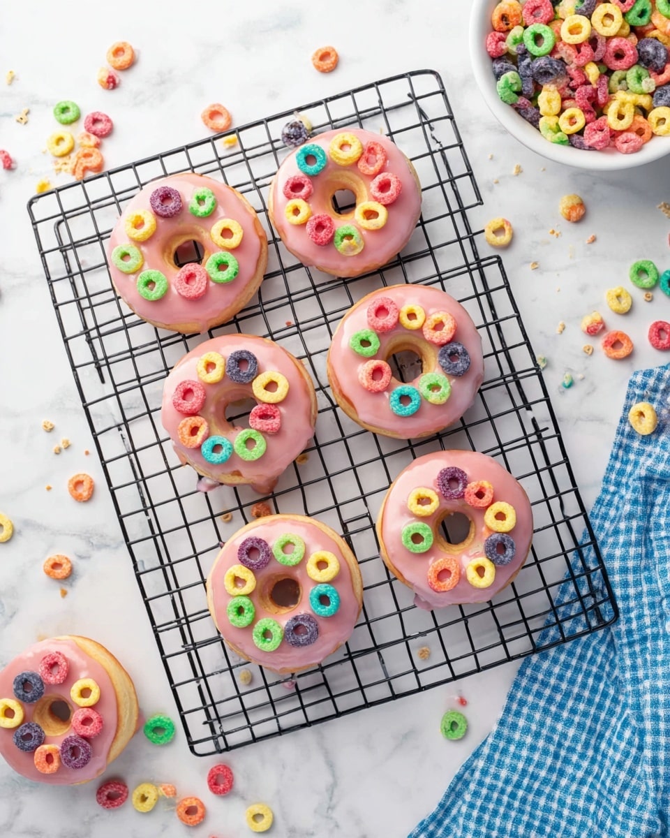 The image shows seven round pink-colored donuts on a black cooling rack placed on white marbled surface. Each donut has one thick layer of smooth light beige glaze on top. On the glaze, there is a single layer of colorful ring-shaped cereal pieces in green, yellow, orange, purple, red, and blue, scattered evenly on each donut. Around the cooling rack, there are scattered cereal pieces and donut crumbs. In the top right corner, there is a white bowl filled with the same colorful cereal. A portion of a blue and white checkered cloth is visible in the bottom right. Photo taken with an iphone --ar 4:5 --v 7