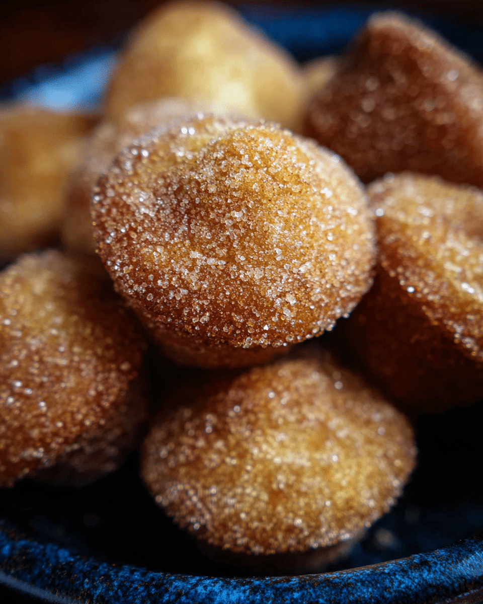The image shows several small, round muffins with a golden brown color and a slightly rough texture. Each muffin is coated with a layer of sparkling sugar crystals mixed with cinnamon, giving them a textured, sugary surface. The muffins are placed closely together in a dark dish with a blueish tint, contrasting with the warm tones of the muffins. The background is softly blurred, focusing on the front muffins, highlighting their sugary coating and soft texture. photo taken with an iphone --ar 4:5 --v 7