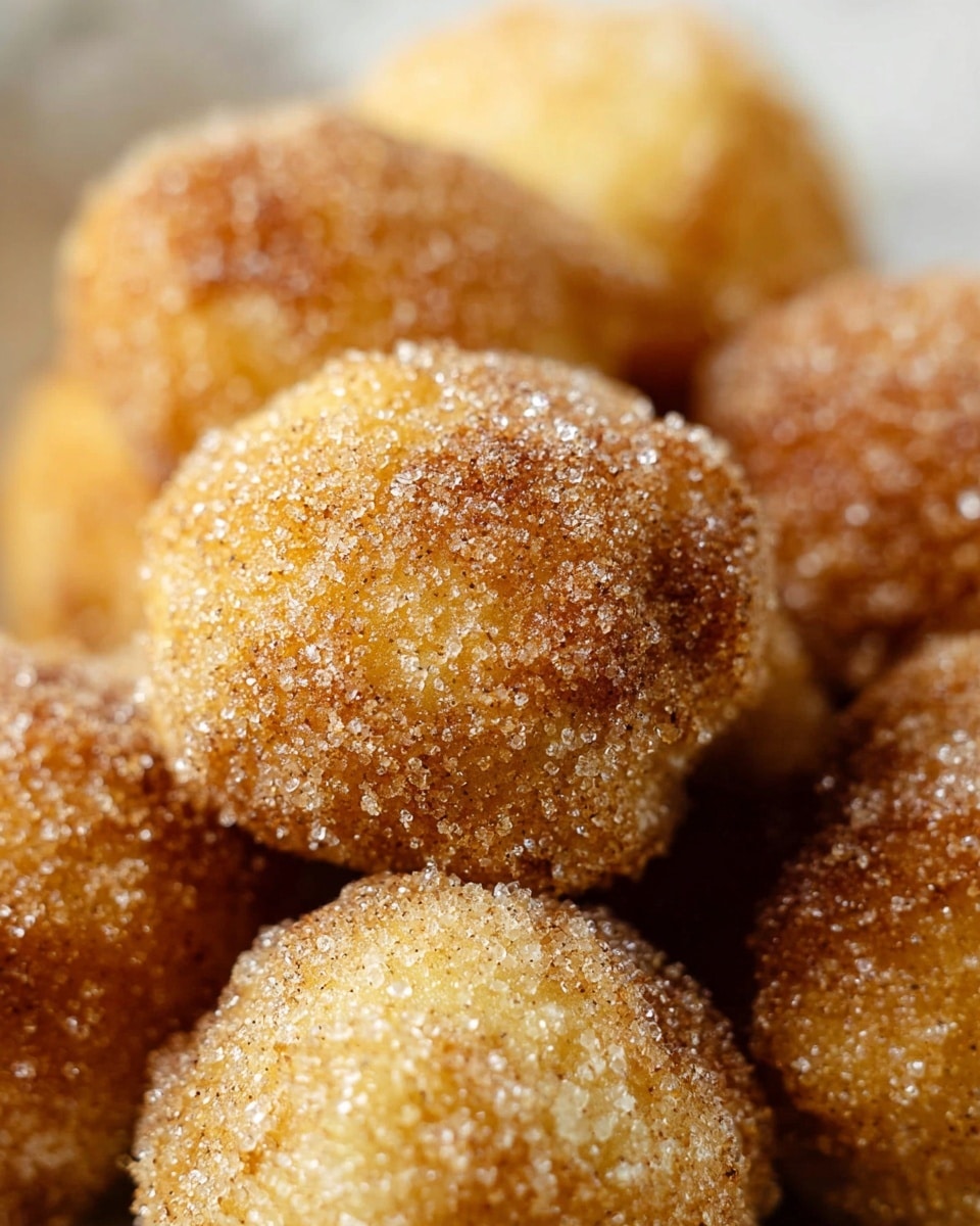 The image shows several small, golden brown balls that are coated with a layer of granulated sugar and cinnamon, giving them a slightly rough texture. The balls are tightly packed together, each having a slightly irregular, rounded shape. The sugar on the surface sparkles softly, highlighting the mix of light and darker brown tones from the cinnamon coating. The background is softly blurred with a white marbled texture that allows the golden balls to stand out clearly in the foreground. photo taken with an iphone --ar 4:5 --v 7