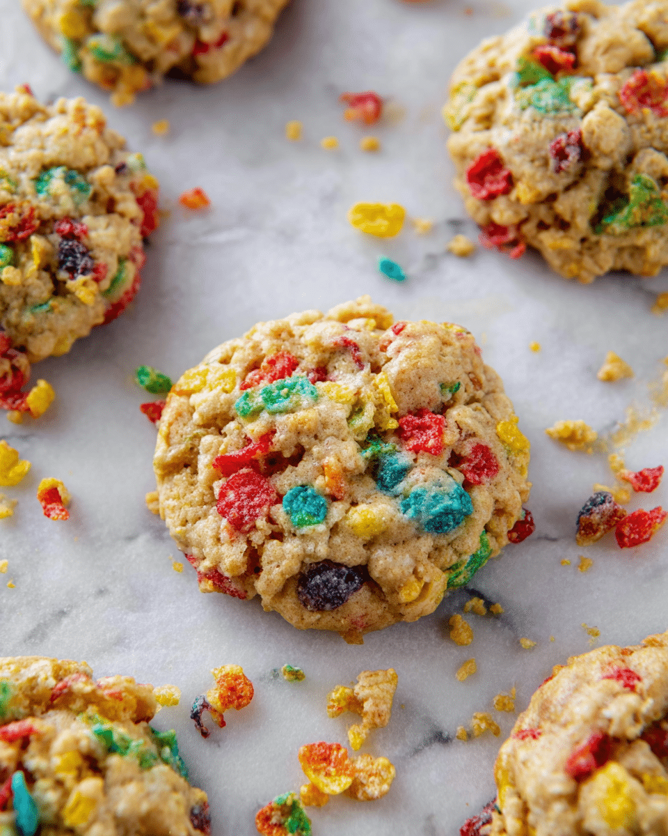 The image shows a close-up of several round cookies on white parchment paper, each cookie having a rough, chunky texture with pieces of colorful cereal mixed throughout. The cookies are light brown with bright spots of red, yellow, green, blue, purple, and orange cereal flakes, some cereal crumbs scattered around them. The focus is on the middle cookie, showing its uneven surface and crunchy cereal chunks. The background is a white marbled texture visible around the edges. photo taken with an iphone --ar 4:5 --v 7