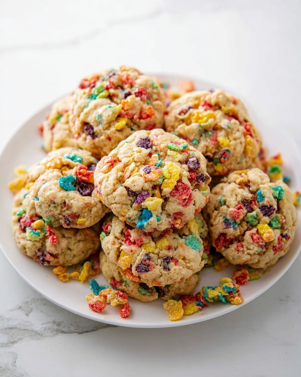 A white plate filled with seven round, chunky cookies stacked close together, each cookie covered with colorful cereal pieces in red, yellow, blue, green, purple, and orange, giving a rough and crumbly texture. The cereal pieces are embedded throughout the pale beige cookie dough, adding bright spots of color on the surface and around the edges, with some pieces scattered on the white plate beneath. The plate sits on a white marbled texture, showing subtle grey veins. The cookies have an uneven, rustic shape, making them look homemade and soft. photo taken with an iphone --ar 4:5 --v 7