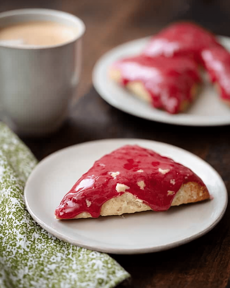 A close-up of a triangular pastry with a bright red glaze that is glossy and uneven, showing bits of light beige dough underneath. This glazed pastry sits alone on a small plain white plate, with two more similar pastries on another white plate blurred in the background. Both plates are set on a dark brown wooden table next to a white cup filled with a frothy beige drink, partially covered by a green and white patterned cloth. The scene is lit softly, enhancing the shiny red surface of the pastries and the textures of the wooden table. Photo taken with an iphone --ar 4:5 --v 7