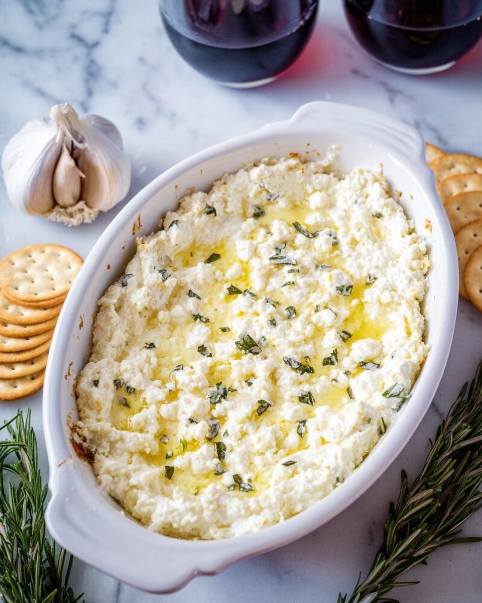 A white oval ceramic dish filled with a baked cheese spread that is crumbly and creamy in texture, with small green herb pieces mixed throughout and a light drizzle of olive oil on top giving a slightly shiny appearance; the cheese layer is evenly spread and slightly browned on edges. The dish is placed on a white marbled surface with a garlic bulb, a sprig of fresh rosemary, two glasses of red wine in the background, and a small stack of round crackers beside the dish. photo taken with an iphone --ar 4:5 --v 7