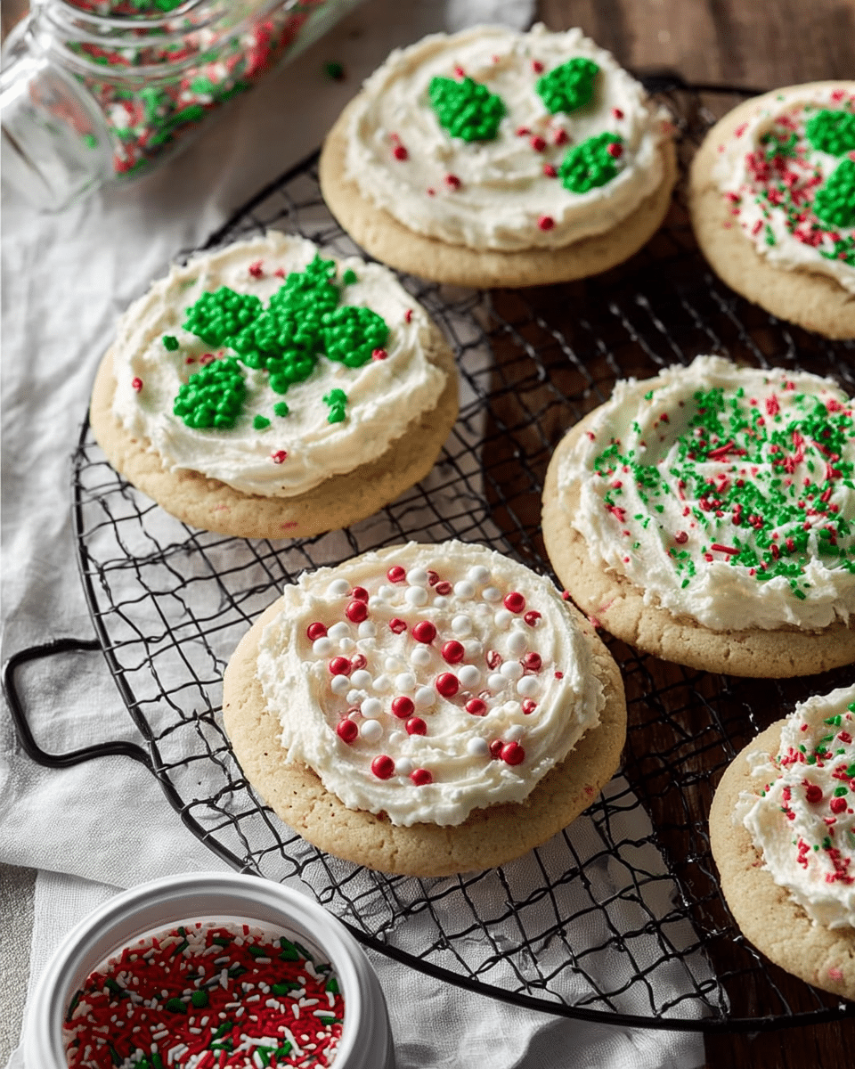 The image shows several round cookies arranged on a black cooling rack on a white marbled surface. Each cookie has a golden-brown base with a rough edge and a thick layer of creamy white frosting spread on top. The frosting is decorated with colorful sprinkles in green tree shapes, red and green dots, and red, white, and green small cylinders. A closed white container of green and red sprinkles and a piece of white cloth are visible in the background. The wood texture of the table contrasts with the white marbled surface around it. photo taken with an iphone --ar 4:5 --v 7