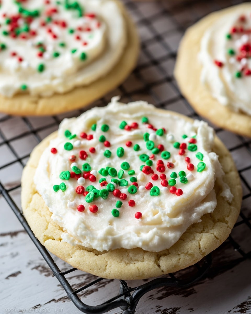 The image shows a close-up of a single round sugar cookie with light golden edges and a slightly cracked surface. The cookie has one thick layer of creamy white frosting spread evenly on top, which has a smooth but slightly textured appearance. Scattered over the frosting are small, flat round sprinkles in red, green, and white colors, randomly placed. In the background, there are two more similar cookies partially visible, placed on a black metal cooling rack over a white marbled textured surface. photo taken with an iphone --ar 4:5 --v 7